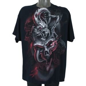 Vintage Y2K Goth Biker Skull Dragon Big Print Black Shirt XL 2000s emo skate